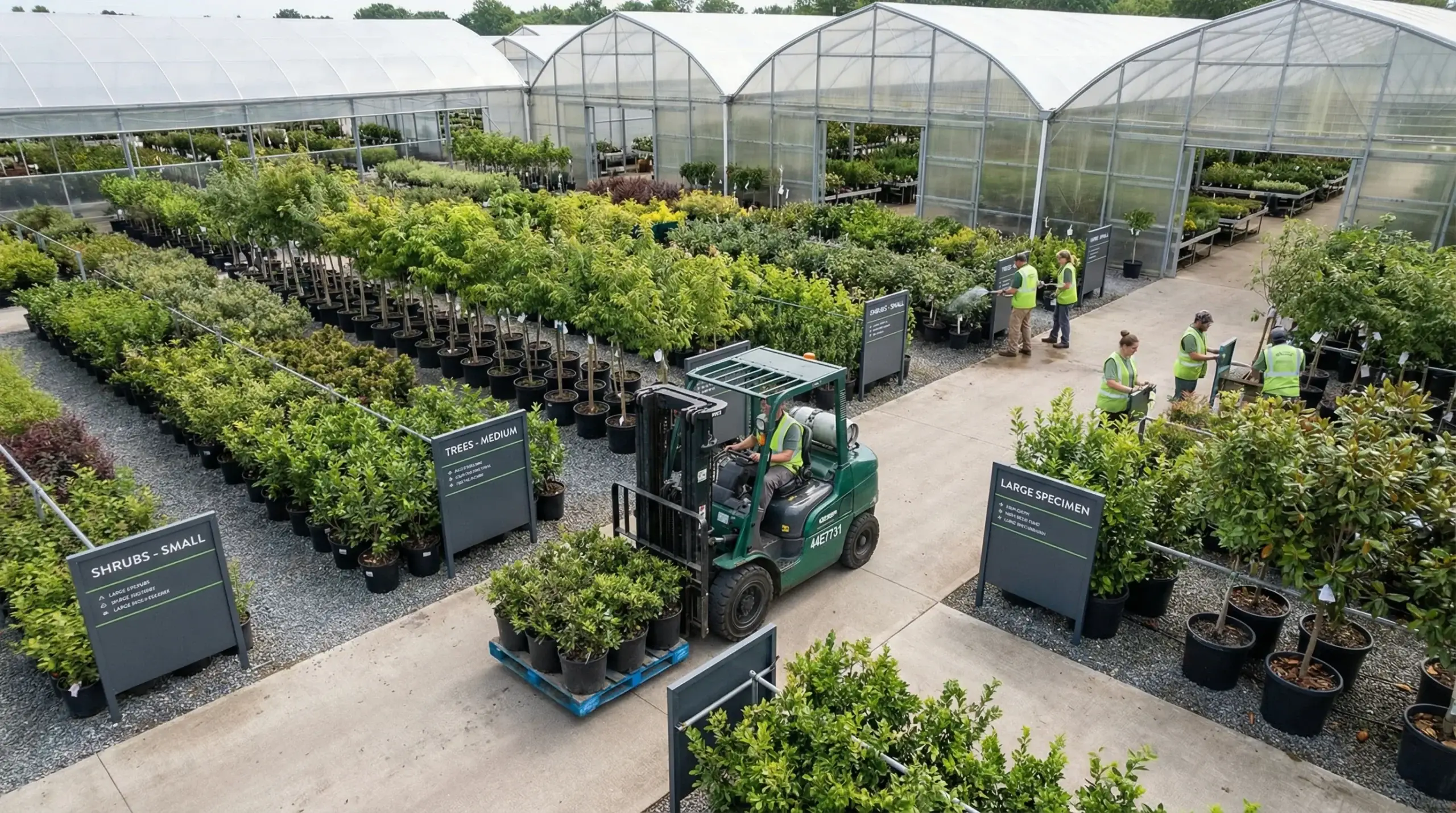 Nursery facility with organized plants and forklift