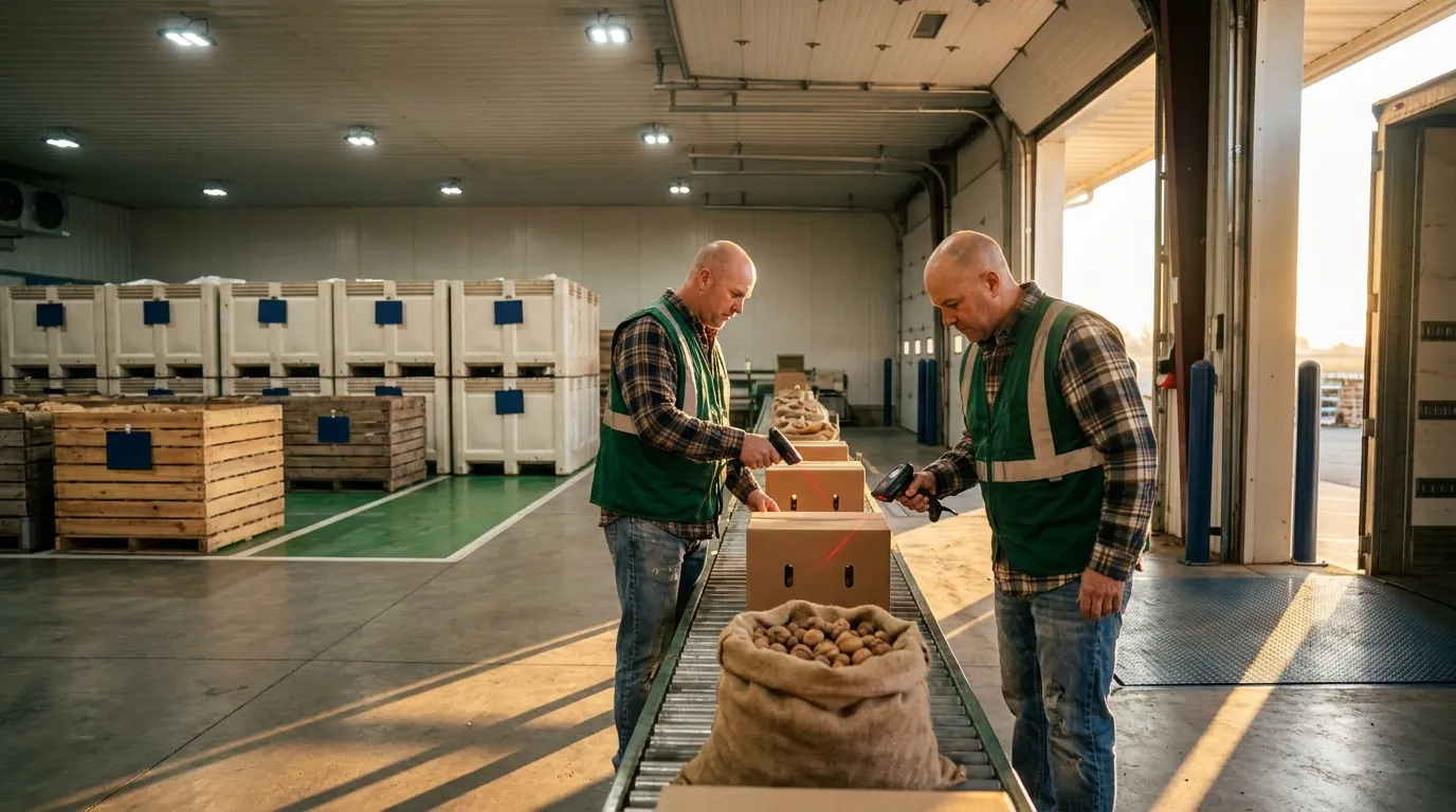 Farm warehouse receiving harvested crops for agricultural inventory accounting