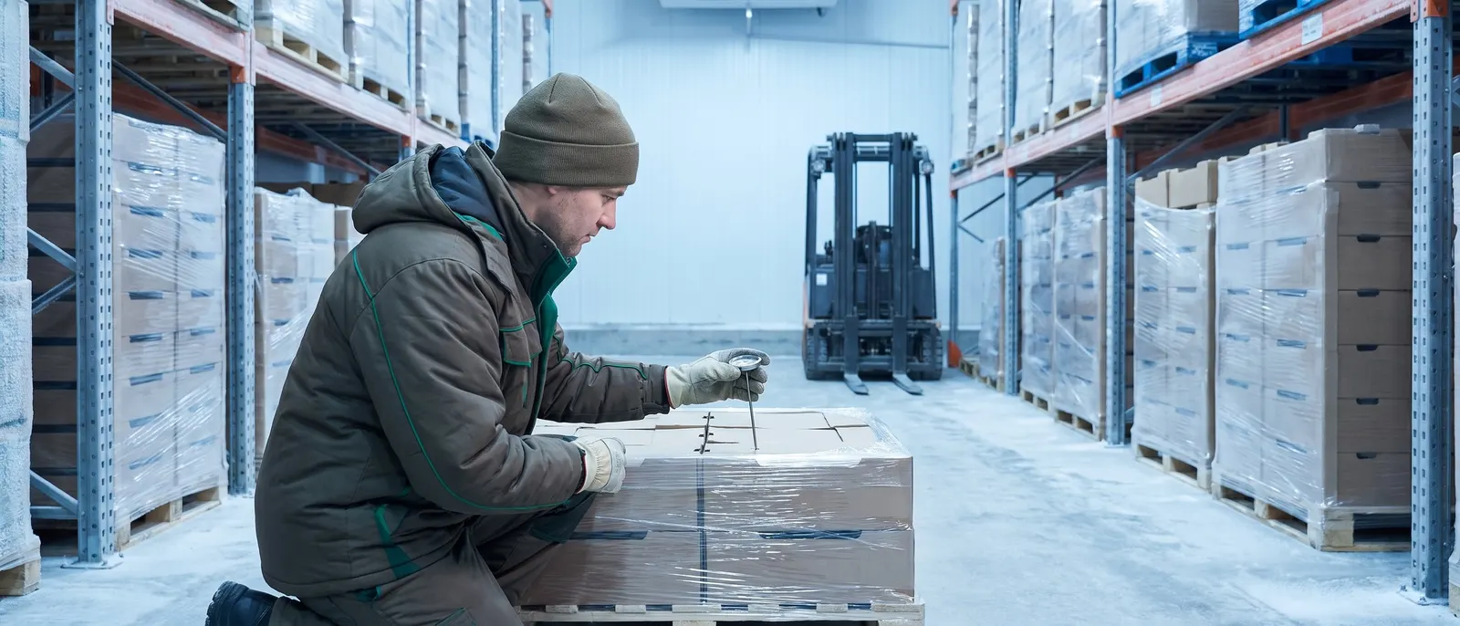A quality inspector checking a pallet's temperature in a refrigerated warehouse