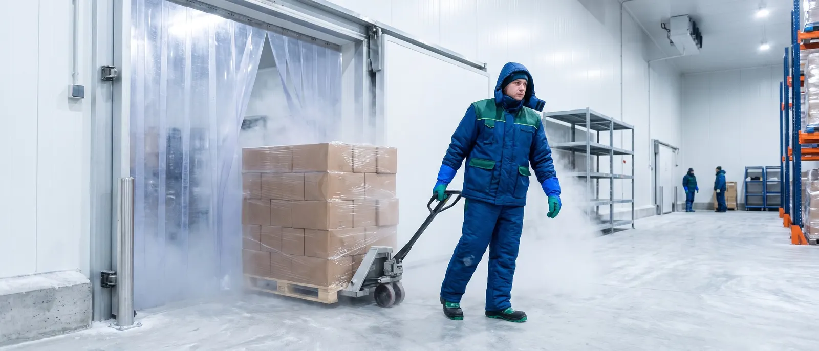 A worker moving a pallet out of a freezer door
