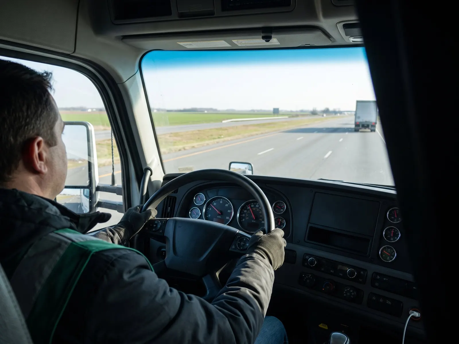 A driver's hands on the wheel inside a truck cab
