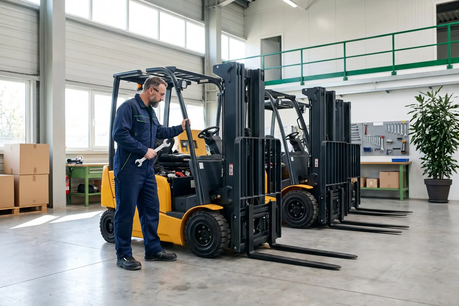 A technician with a wrench beside two forklifts in a warehouse
