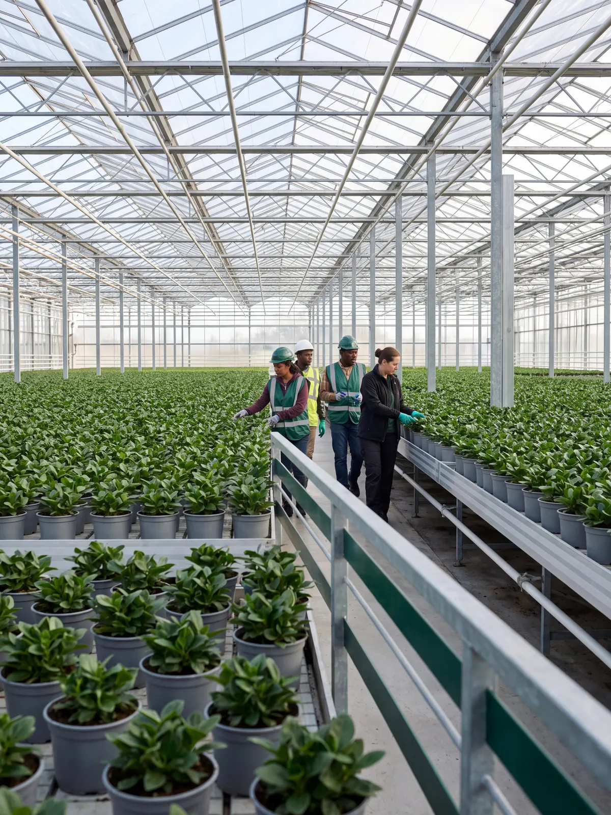 Rows of potted plants in a commercial greenhouse