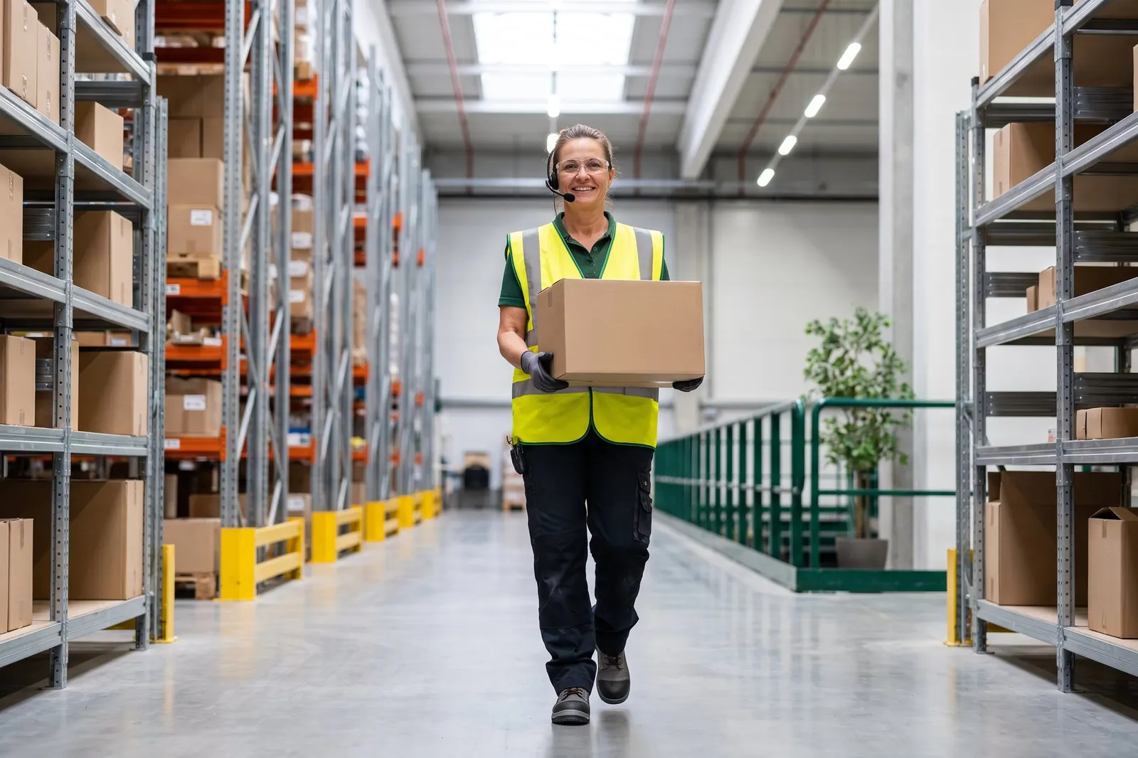An order picker with a headset carrying a carton down a rack aisle