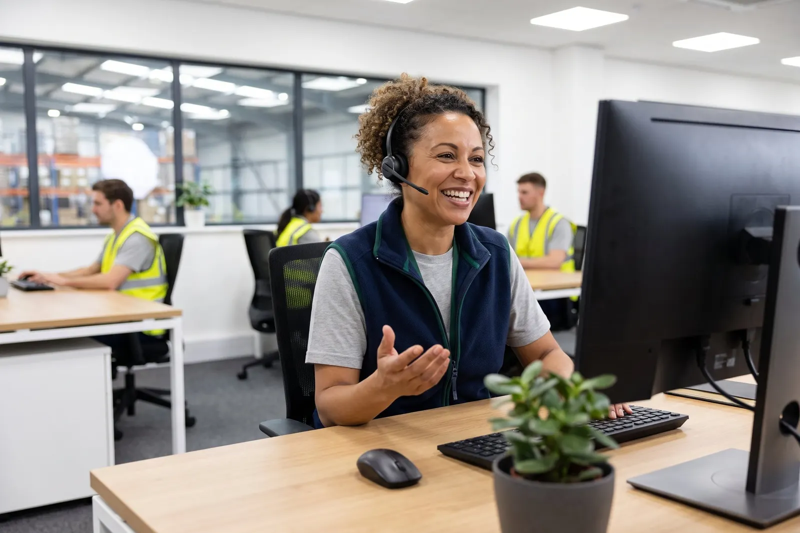 A support specialist on a headset call