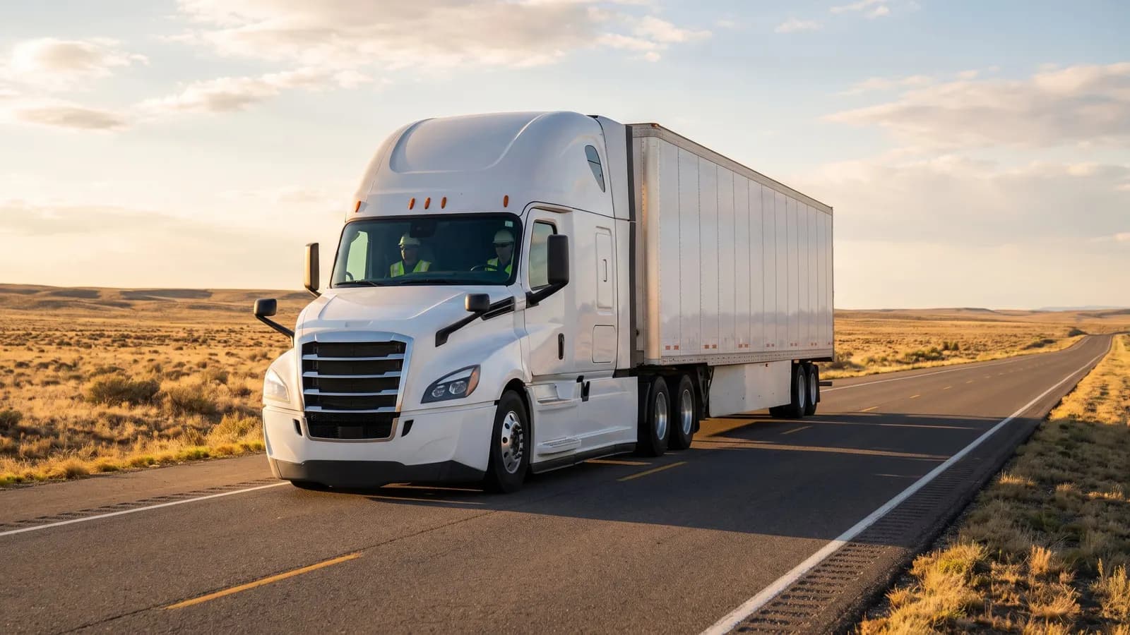 A semi-truck on an open highway at golden hour