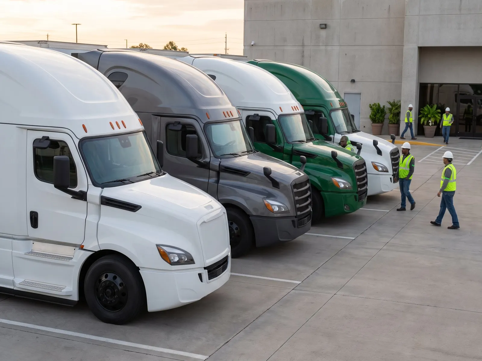 A row of semi-trucks parked at a fleet yard