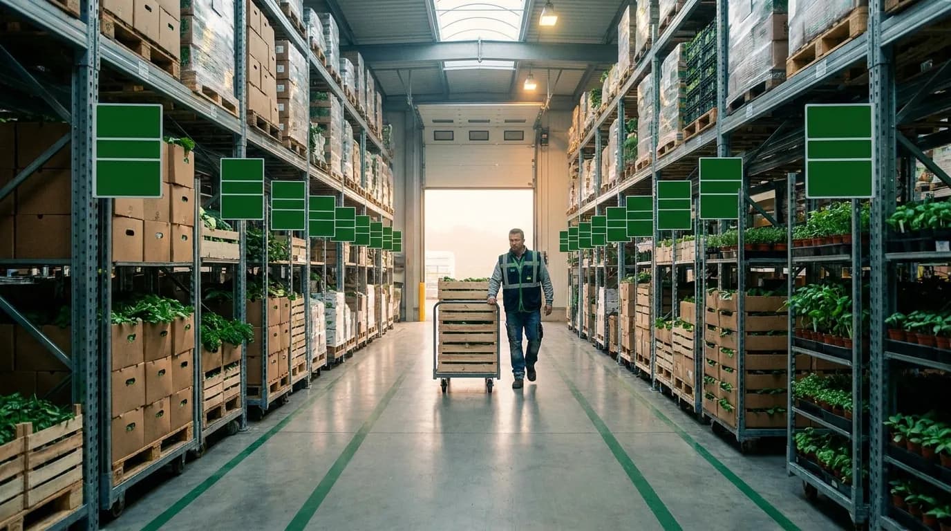 Produce warehouse aisle illustrating crm for small business, erp/crm