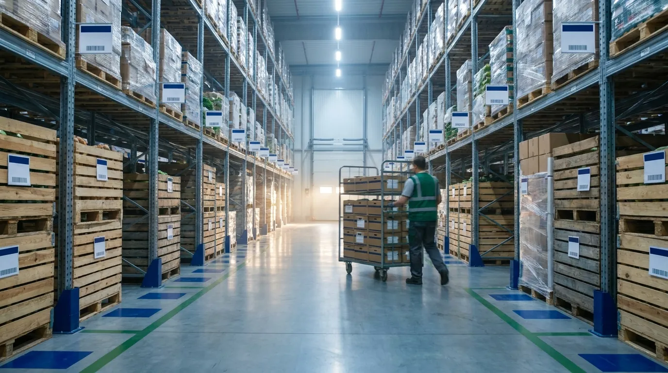 Warehouse aisle with racks showing item id, item label tags
