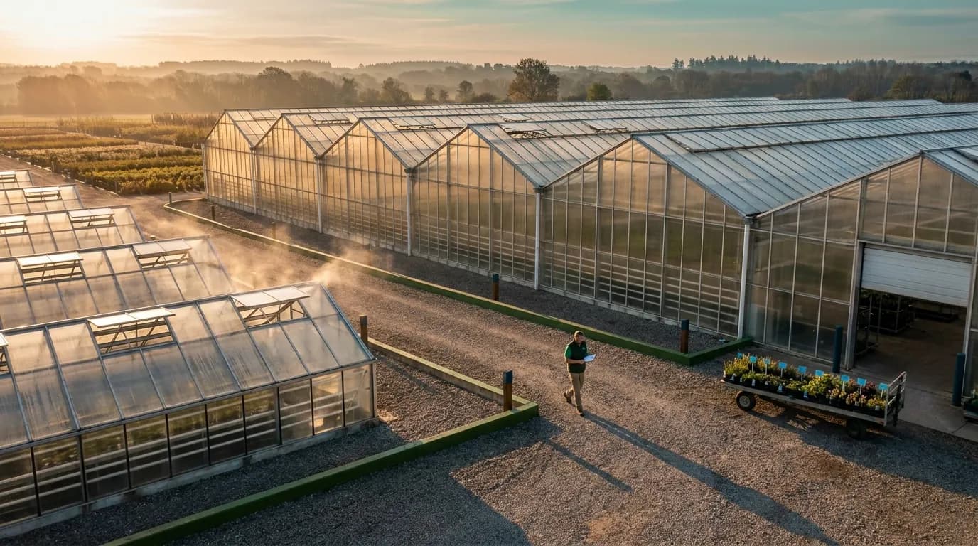 Greenhouse complex at golden hour, nursery inventory management