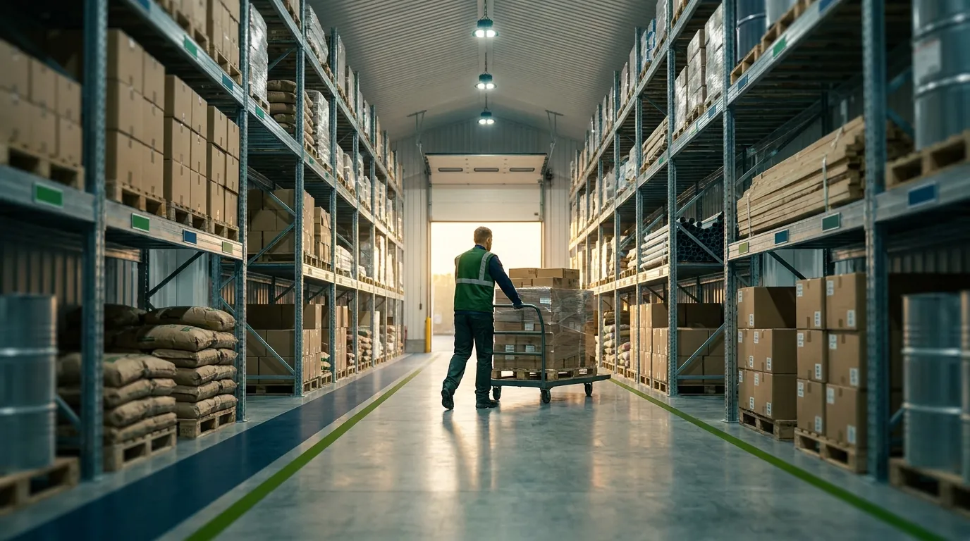 Proof of delivery in logistics: organized warehouse aisle with cart