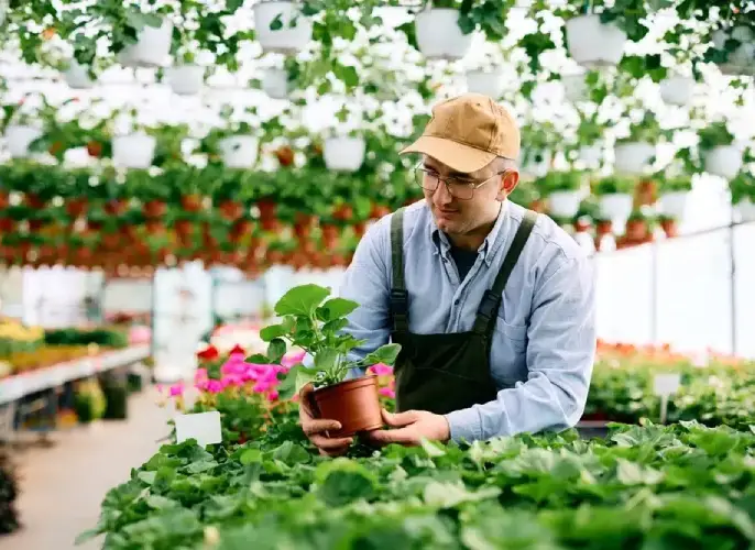 nursery worker holding a potted plant