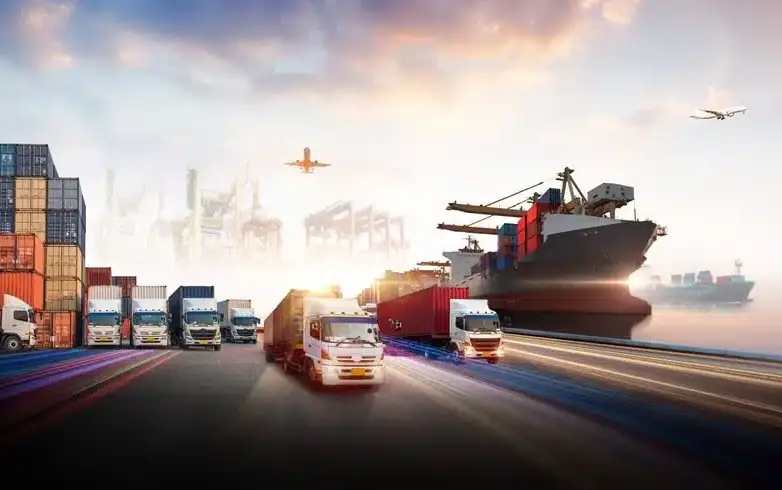 semi trucks, shipping containers, plane and cargo ship
