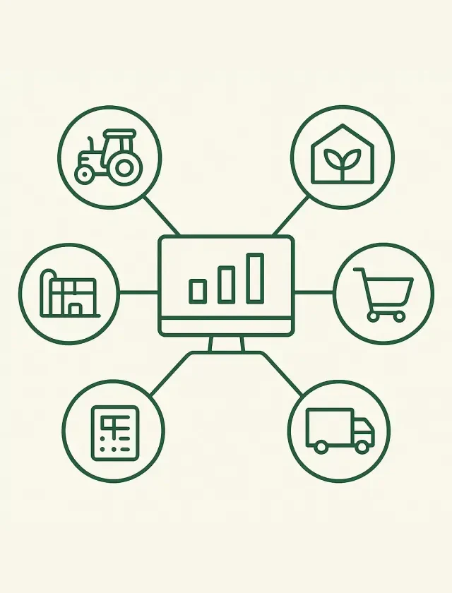 Supply chain management dashboard icon connecting agriculture, greenhouse, warehouse, retail, calculator and delivery truck