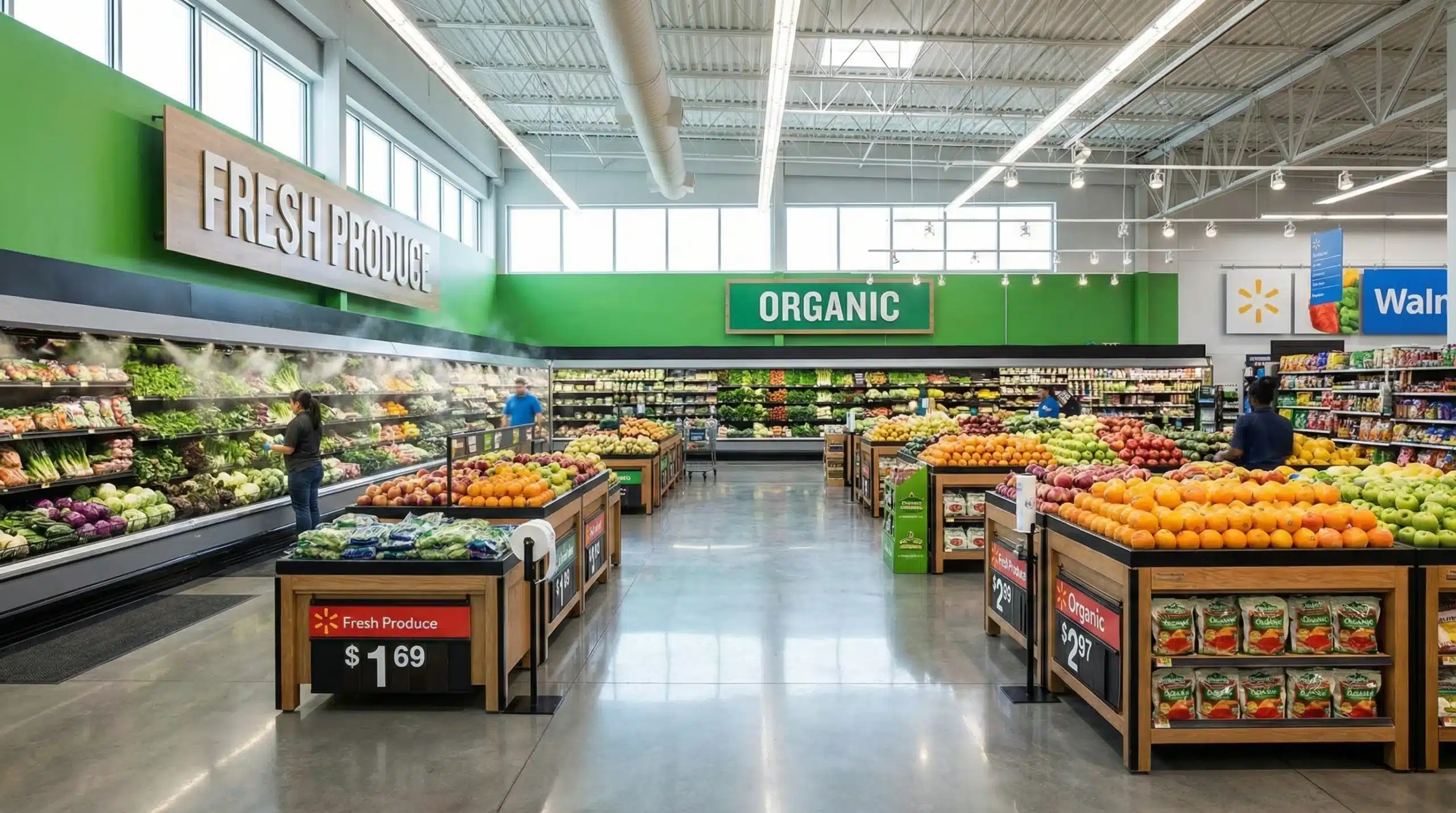 Walmart grocery store produce section with fresh fruits, vegetables and organic signage