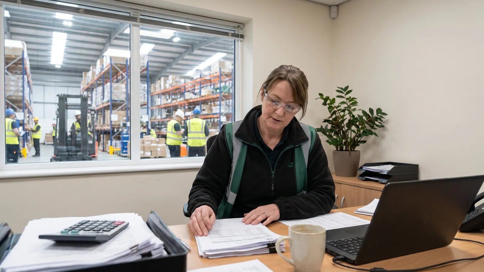An operations manager reviewing printed reports at a desk