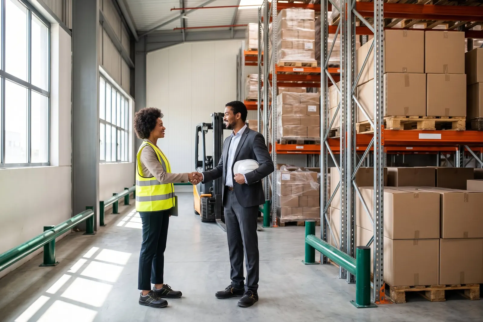 Two people shaking hands on a warehouse floor