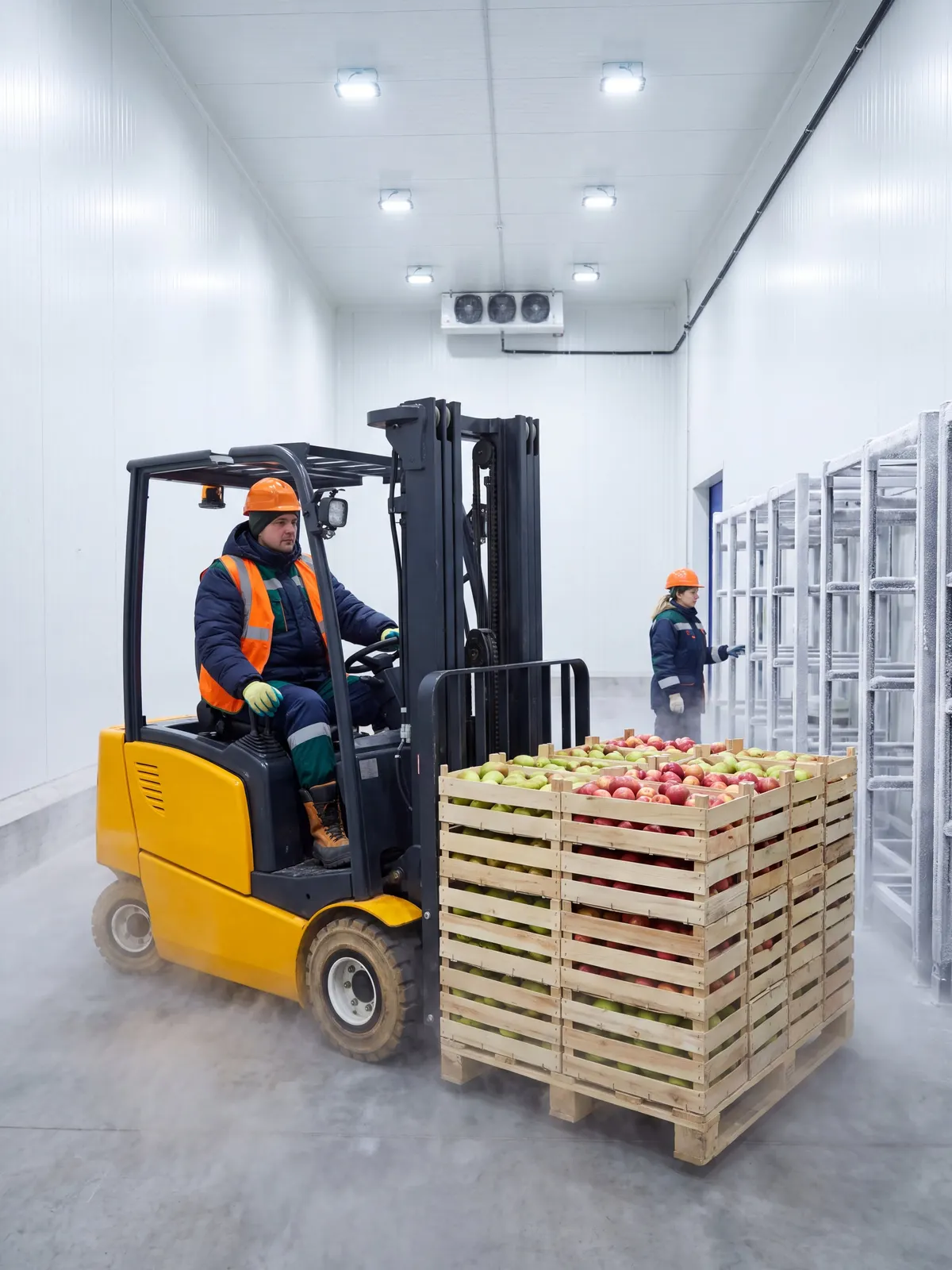 A forklift moving crates of fruit in a cold storage warehouse