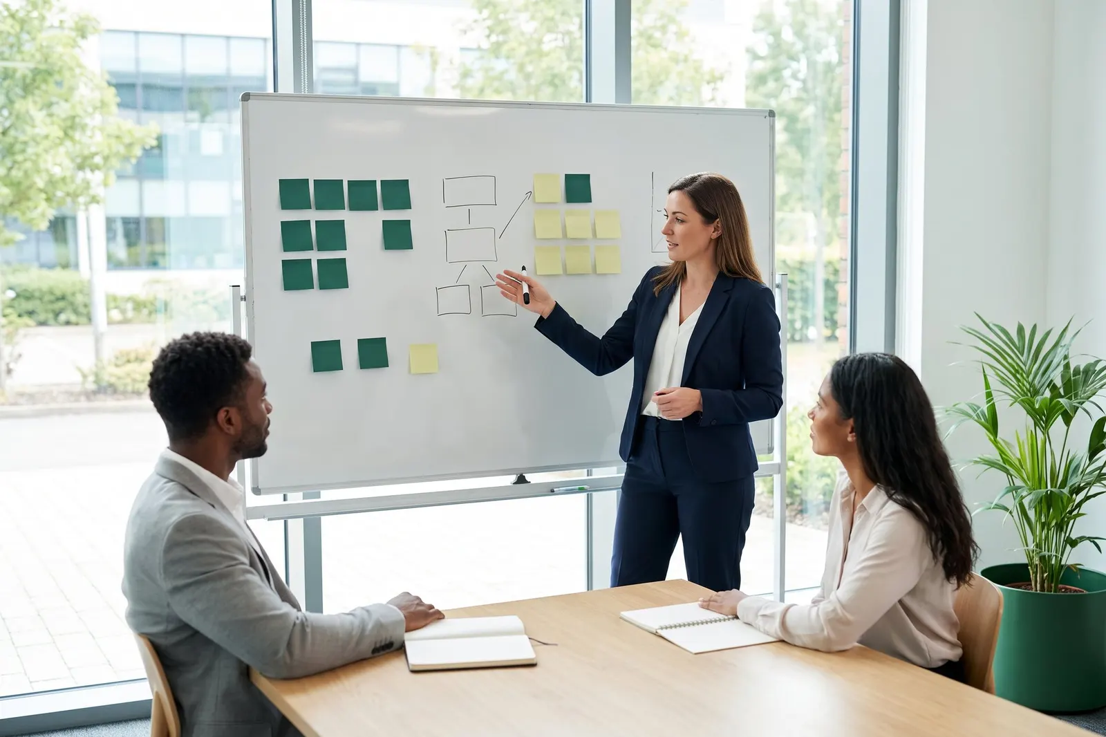 A consultant leading a planning workshop at a whiteboard
