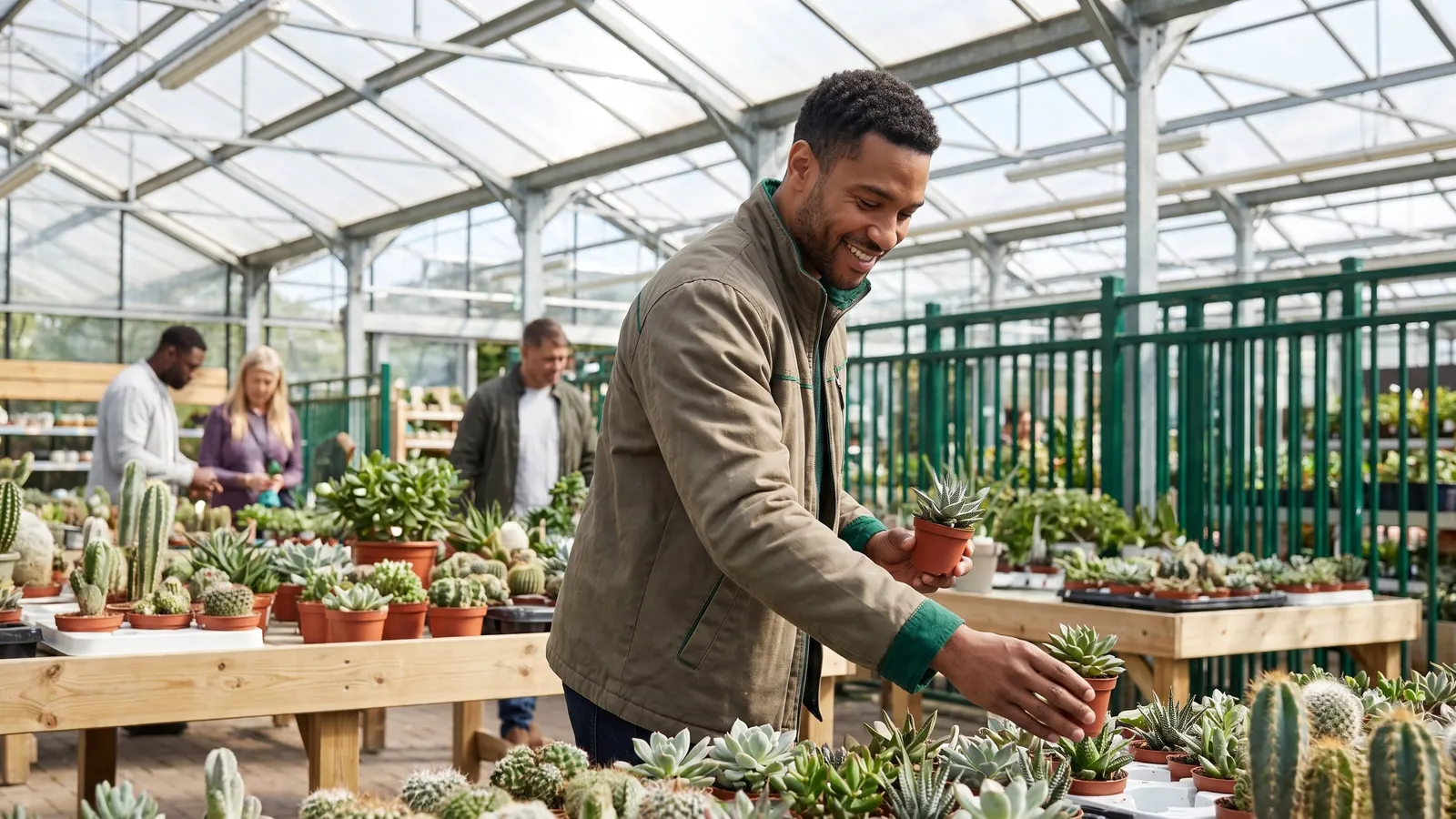A customer choosing potted plants at a garden center