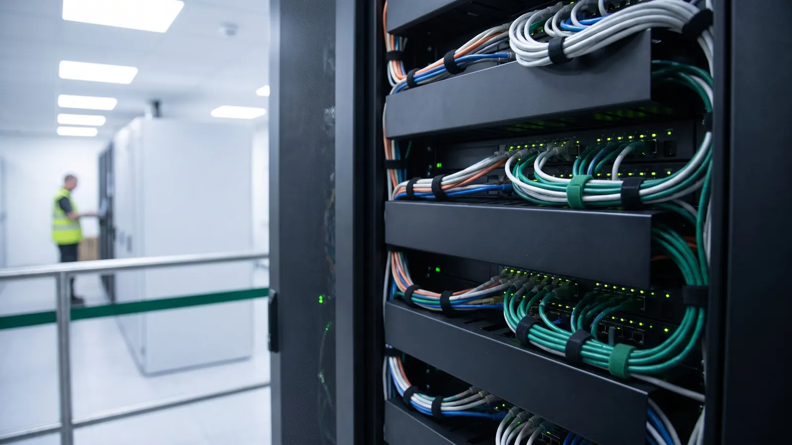 Network cabling in a server rack in a bright equipment room