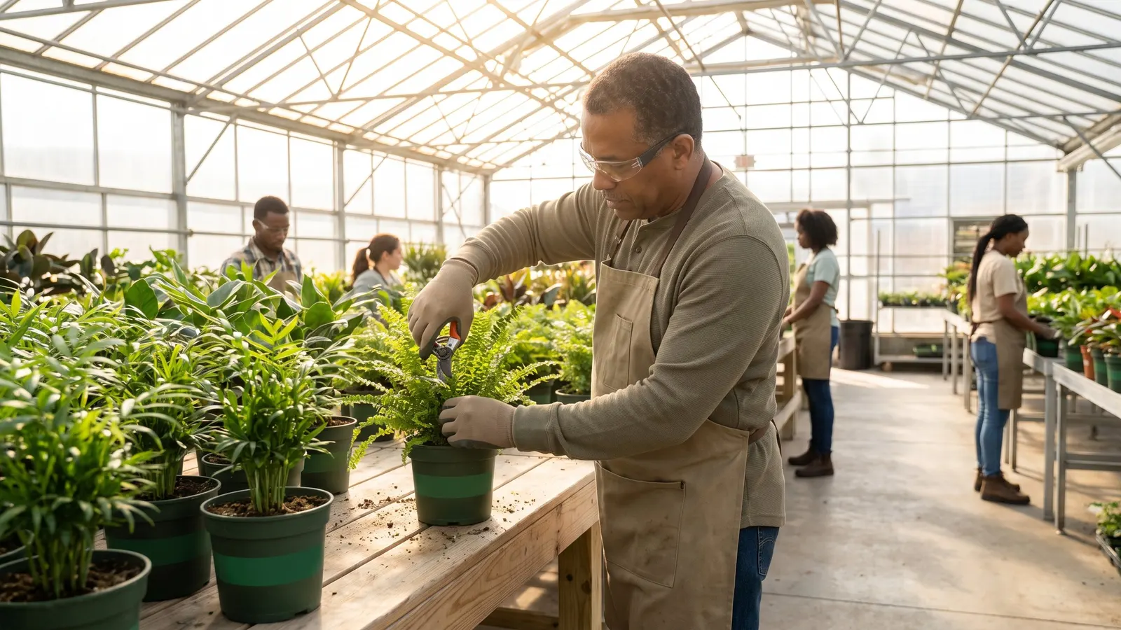 A nursery worker trimming plants in a greenhouse