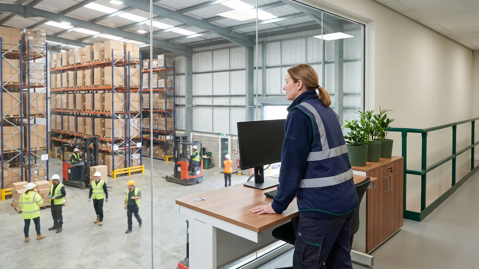 A manager at a standing desk overlooking the warehouse floor