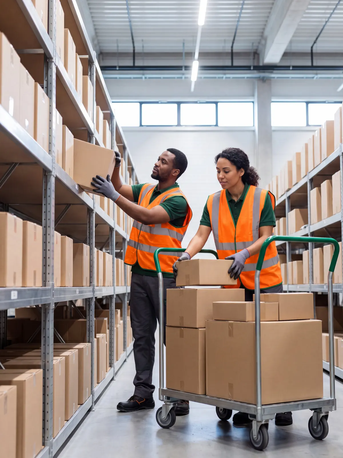Warehouse workers picking orders in a distribution center