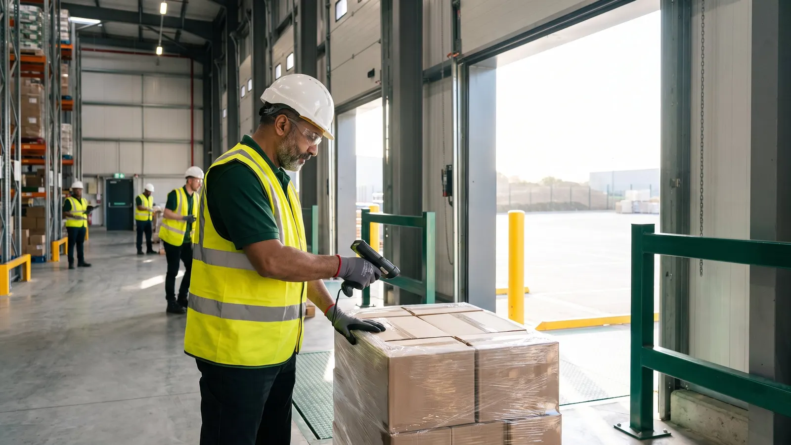 A receiver checking an inbound pallet with a handheld scanner