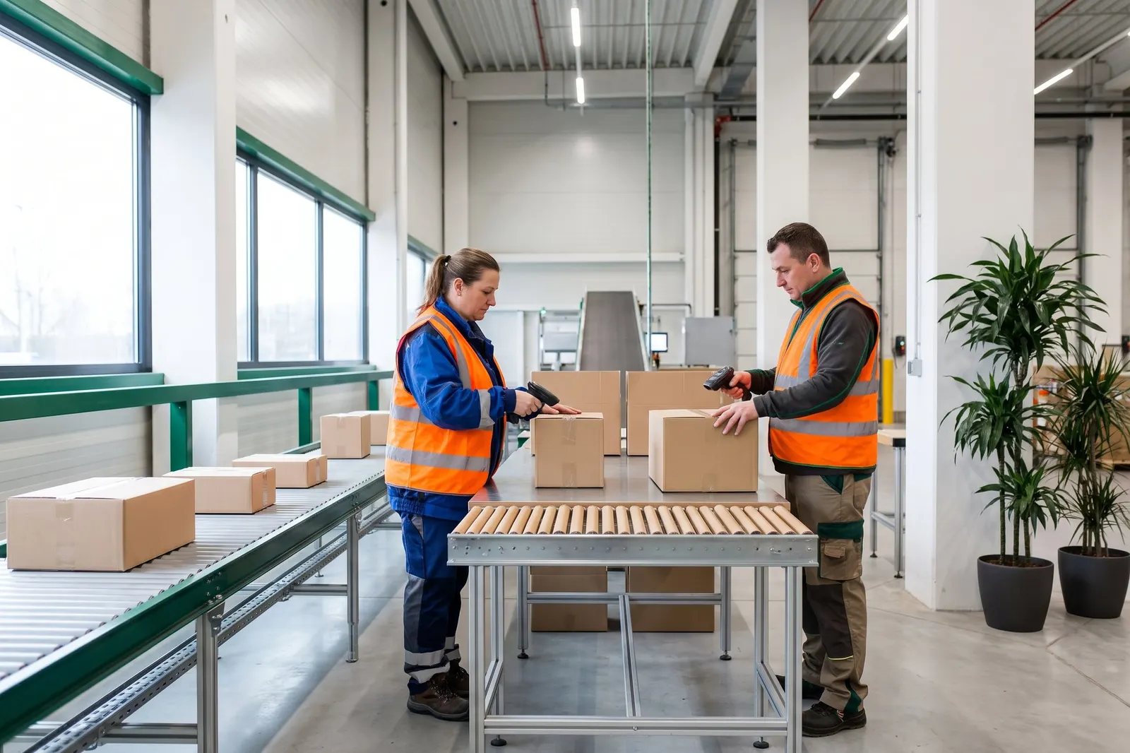 Warehouse workers scanning parcels at a packing station