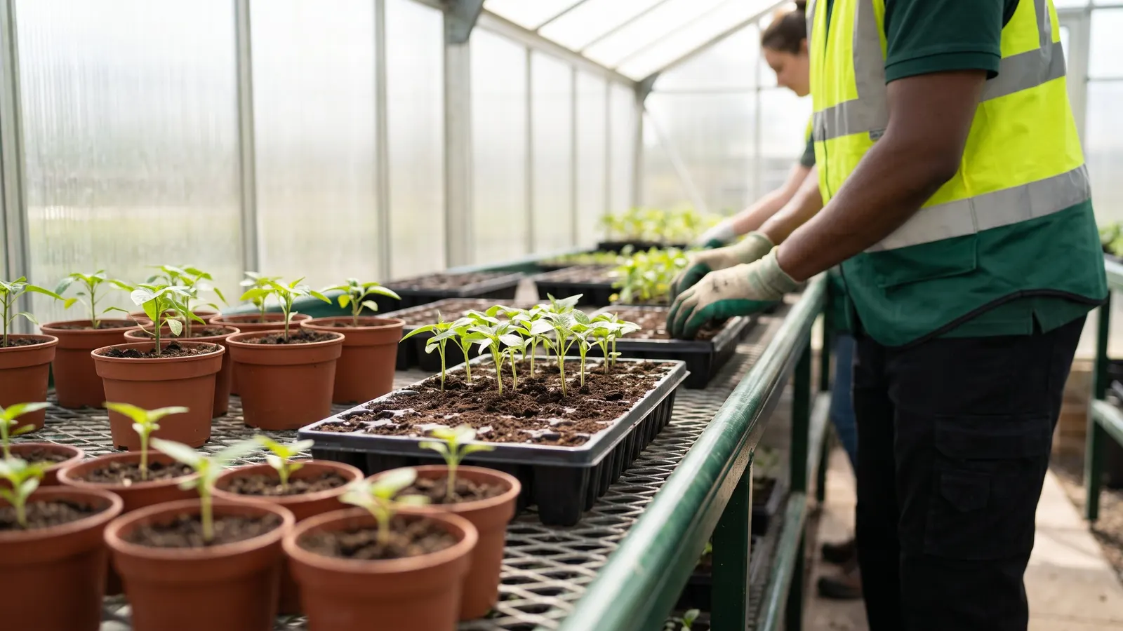Young seedlings in pots on a greenhouse bench