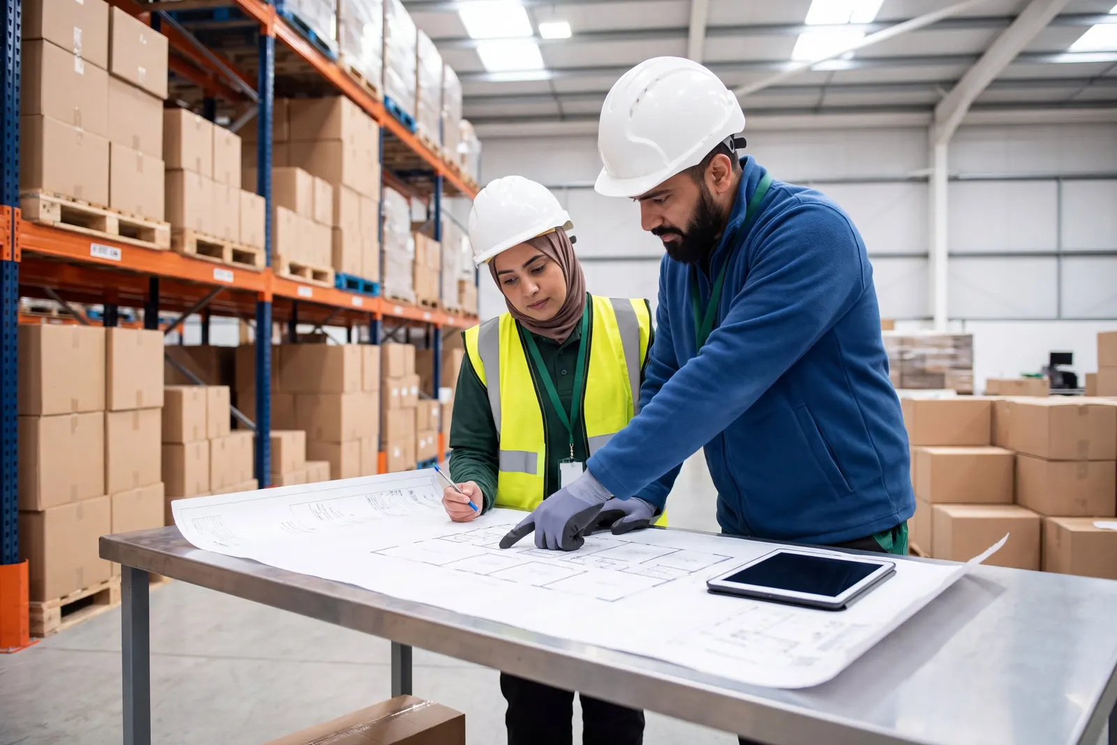 Two warehouse leads planning together on the warehouse floor