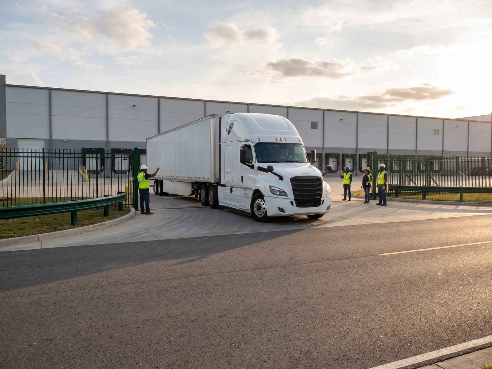 A semi-truck pulling out of a distribution center