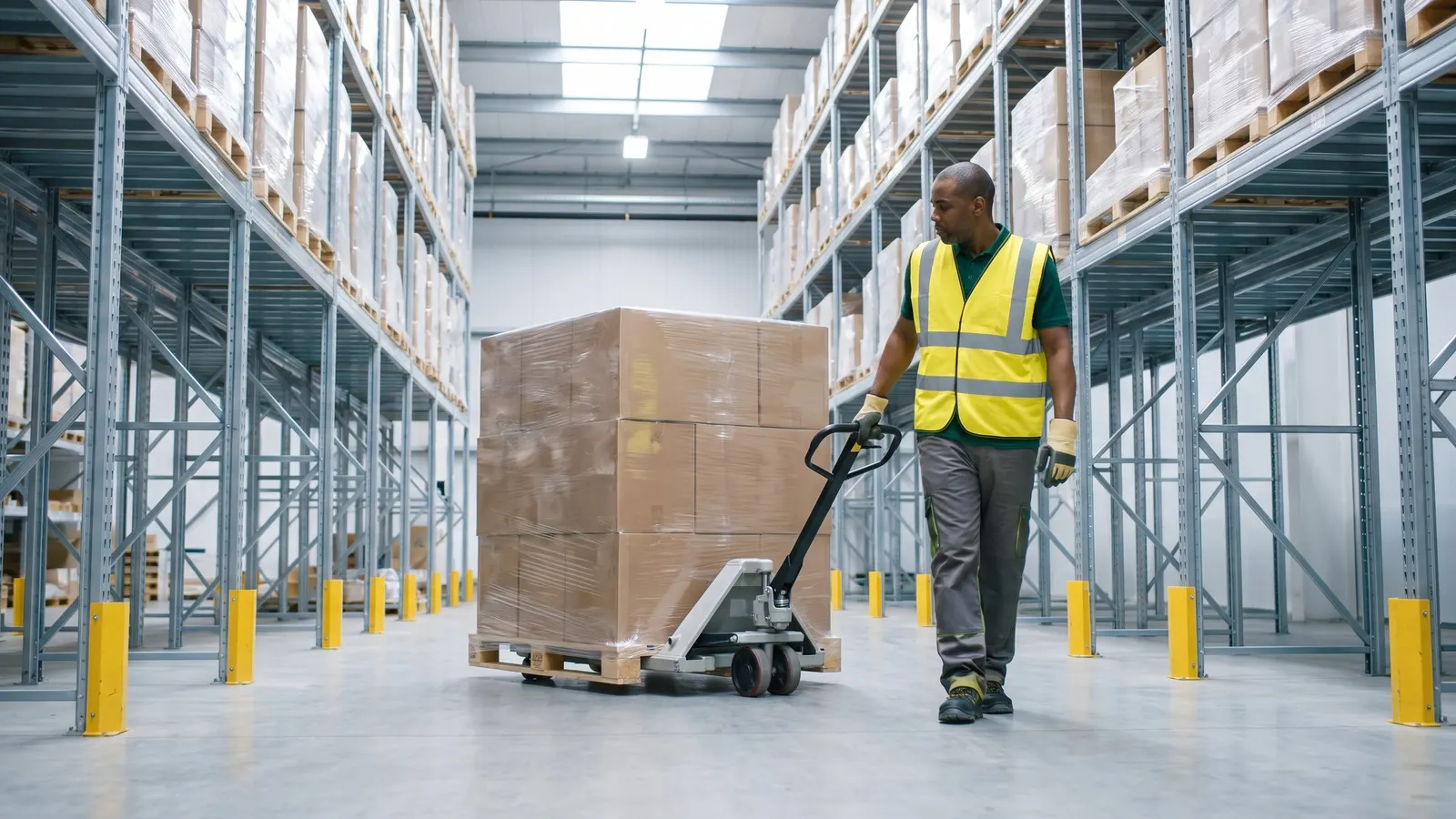 A warehouse worker moving a pallet with a pallet jack