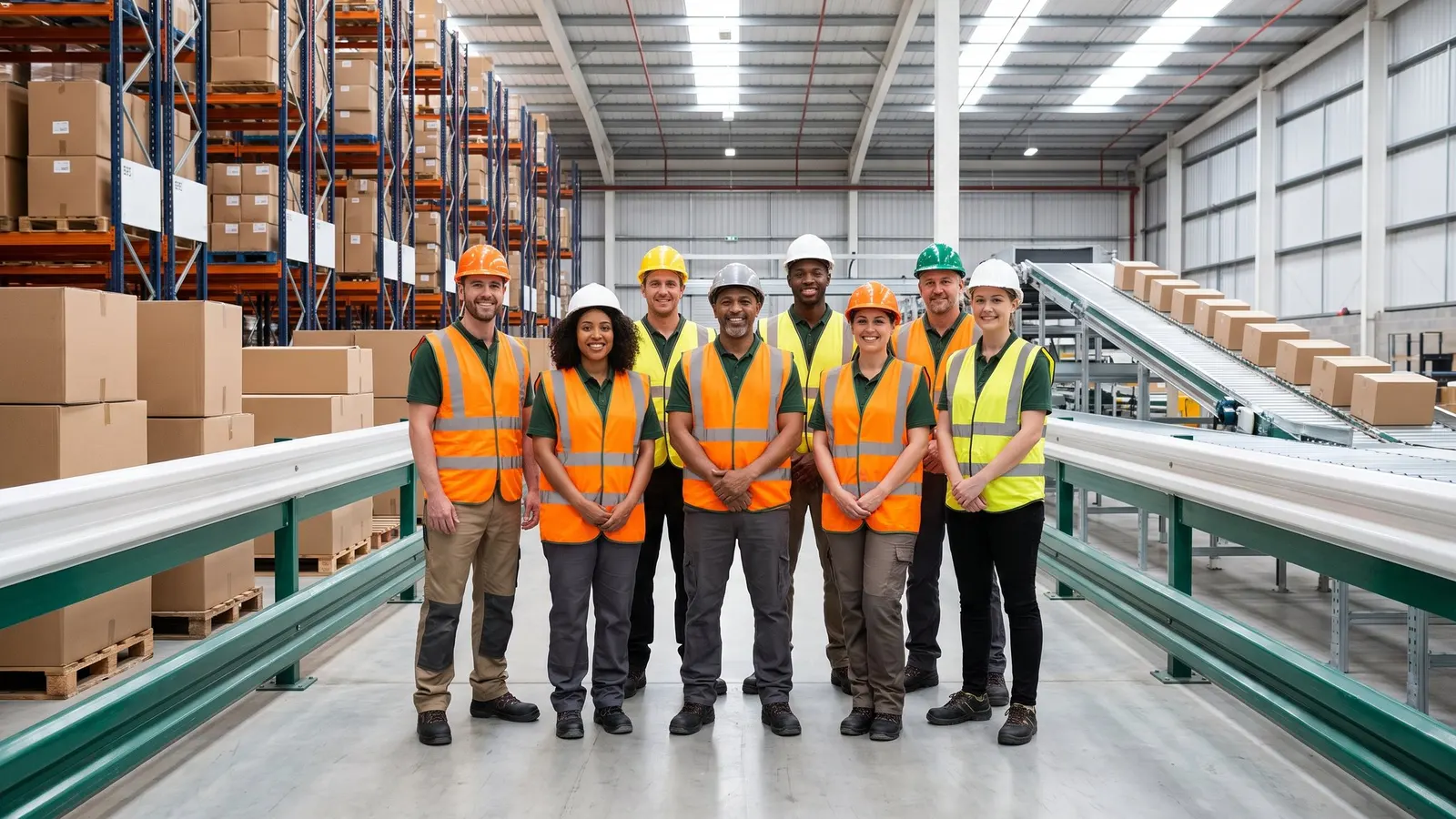 A warehouse team standing together