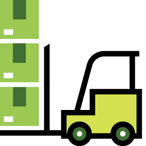 Yellow forklift truck icon with green stacked boxes warehouse illustration