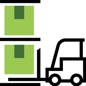 Warehouse forklift icon loading green boxes for inventory replenishment