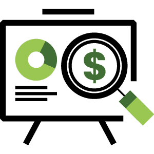 charts on an easel with a magnifying glass over the dollar sign