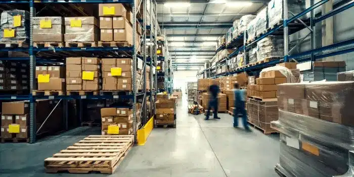 Large warehouse interior with stacked boxes on shelves and workers moving inventory