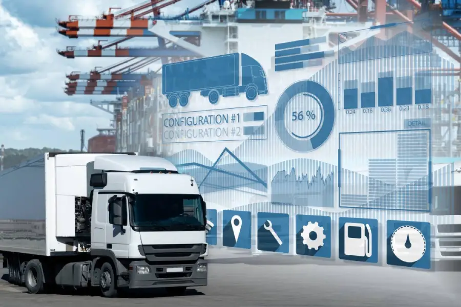 White semi-truck with digital logistics analytics overlay at shipping port terminal