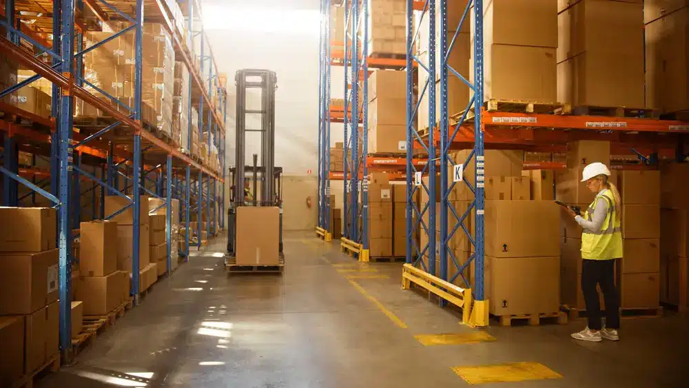 Warehouse worker in safety vest conducting inventory among tall storage racks and forklift