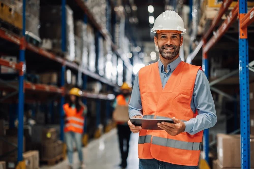 Warehouse worker smiling while holding a tablet