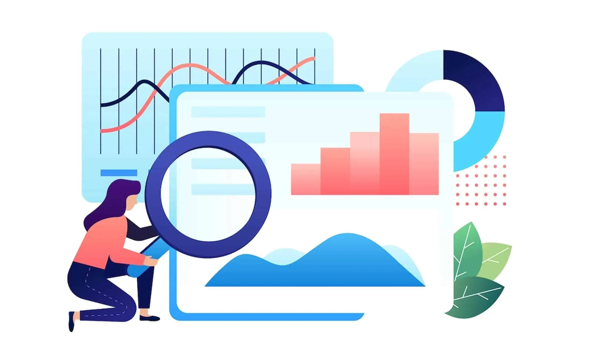 Woman analyzing data visualizations with magnifying glass among charts and graphs illustration