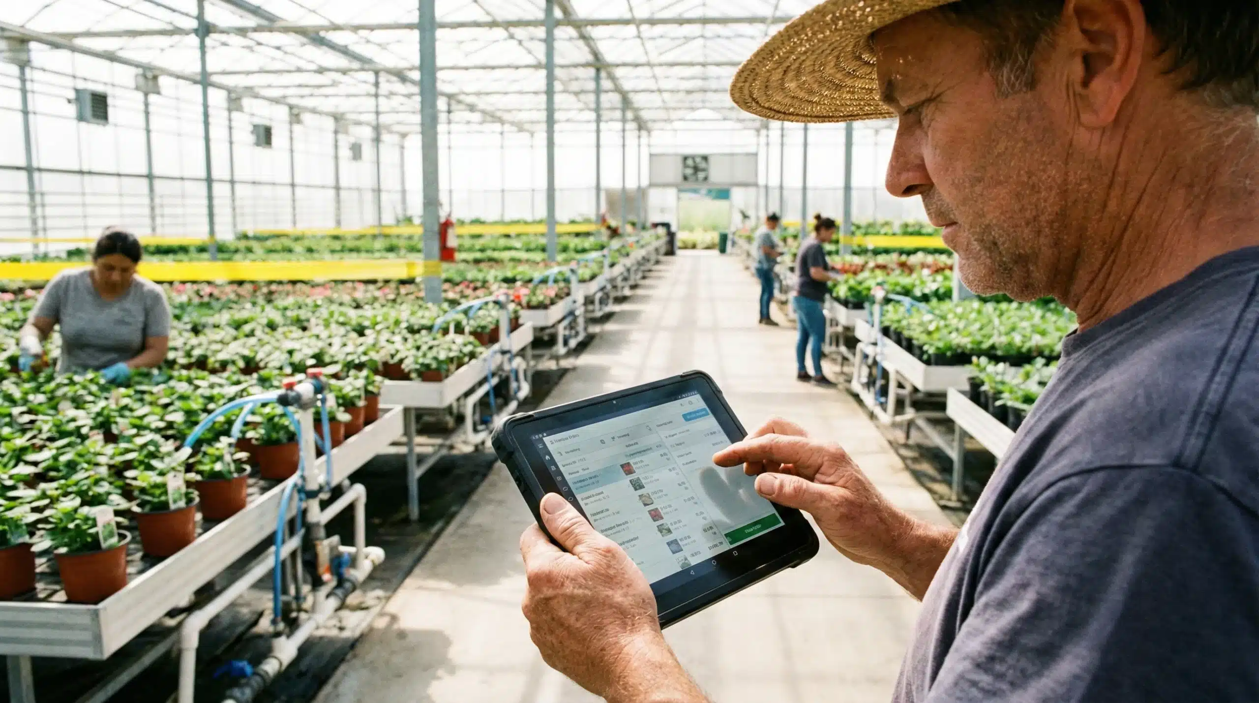Farmer using tablet to manage wholesale nursery orders in greenhouse with plants