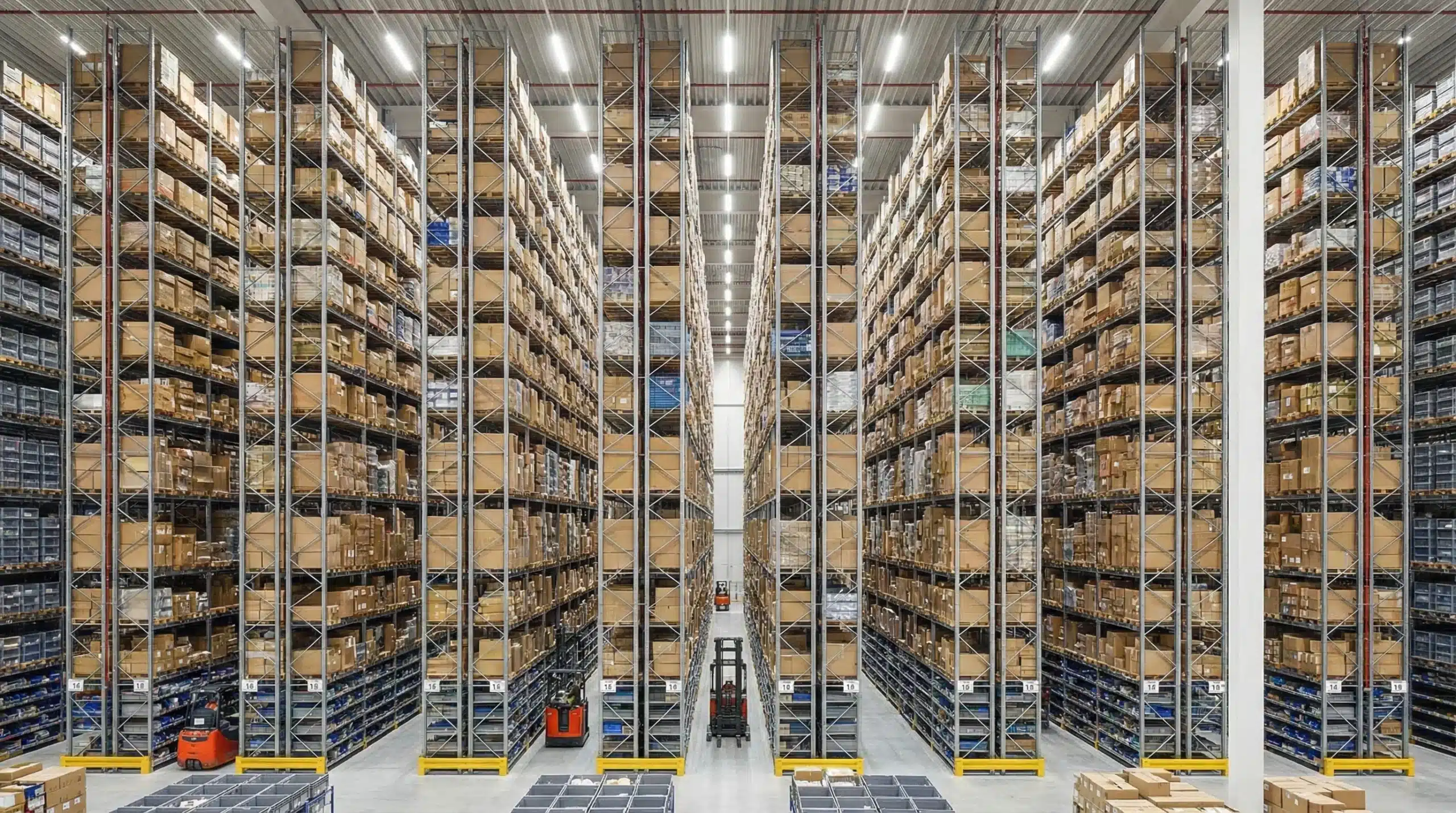 Tall warehouse shelving system with organized boxes maximizing vertical storage space