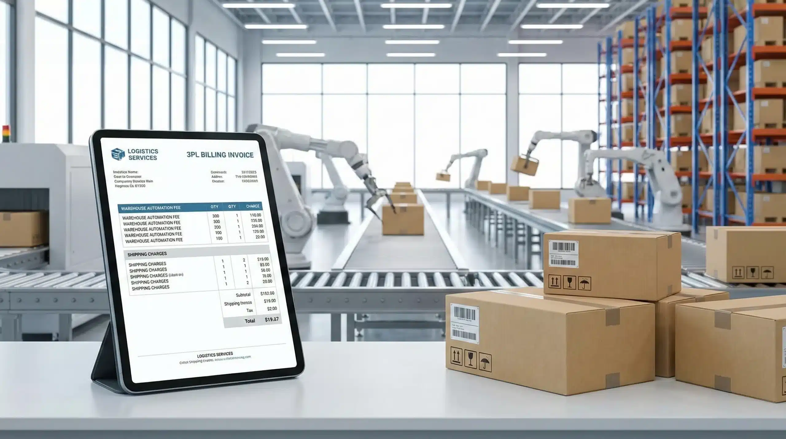 3PL billing invoice with shipping boxes showing warehouse logistics automation process