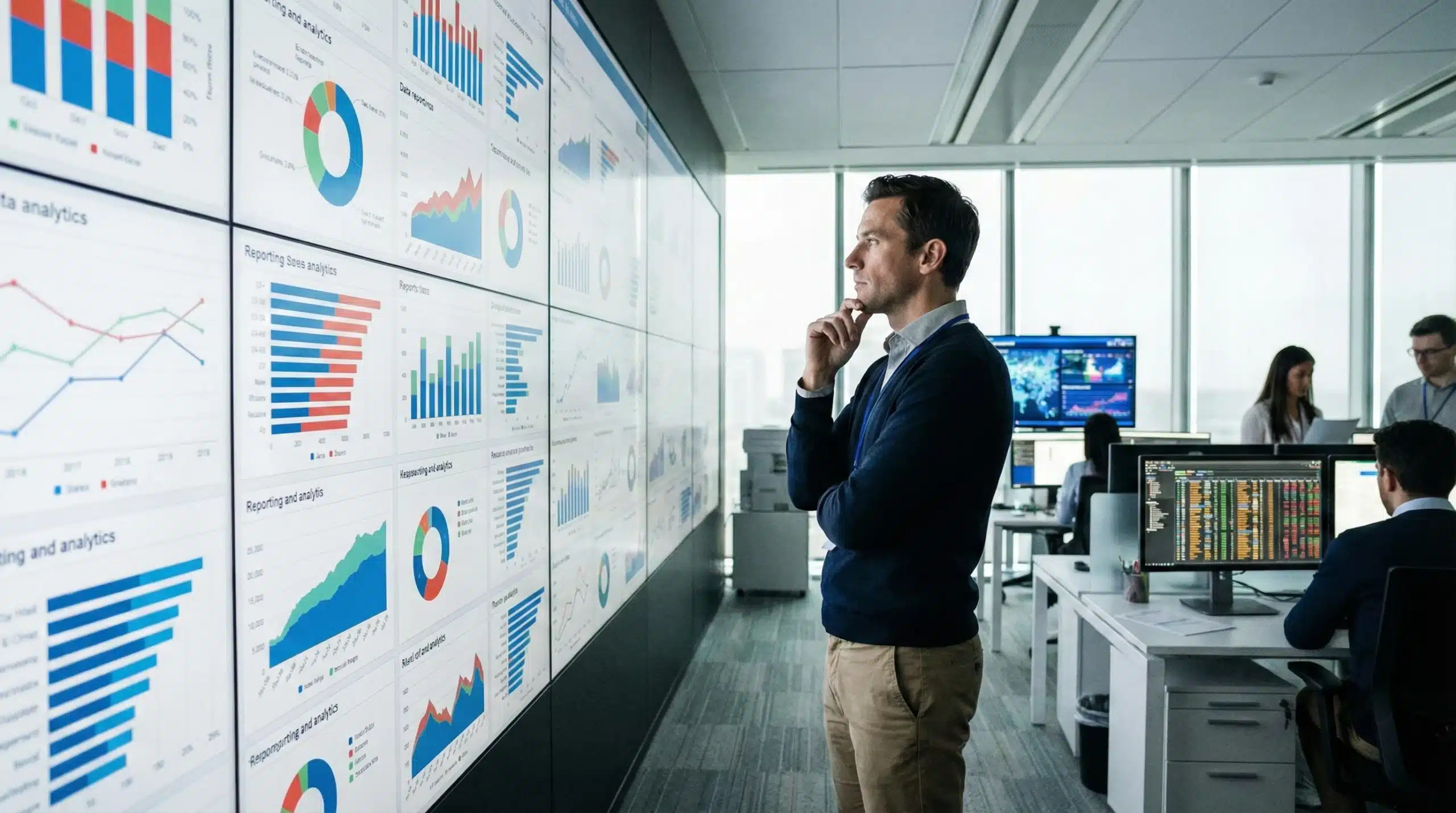 man looking at a wall full or reporting and analytics charts and graphs