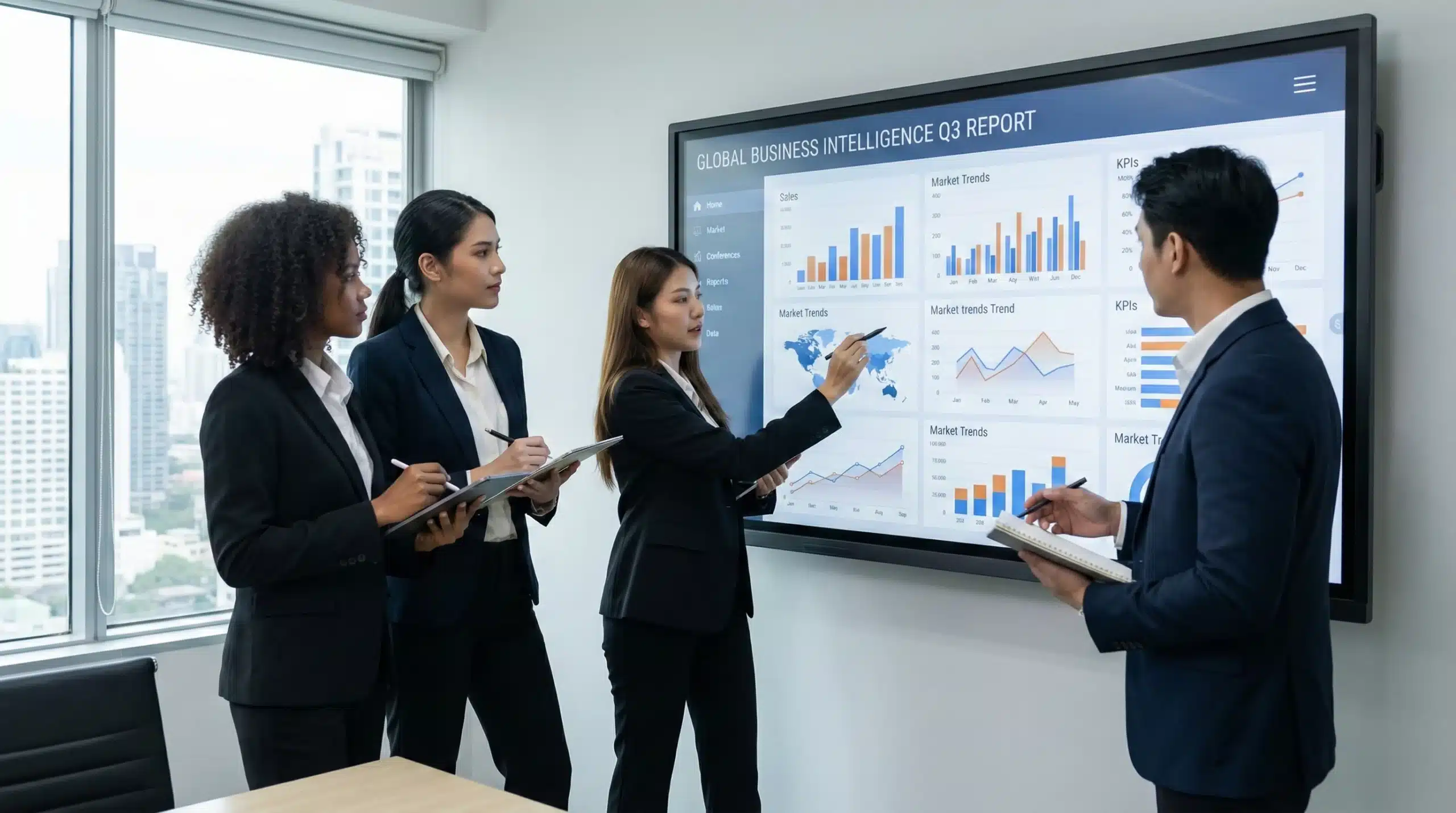 Three business professionals analyzing charts and data visualizations on dashboard for business intelligence reporting
