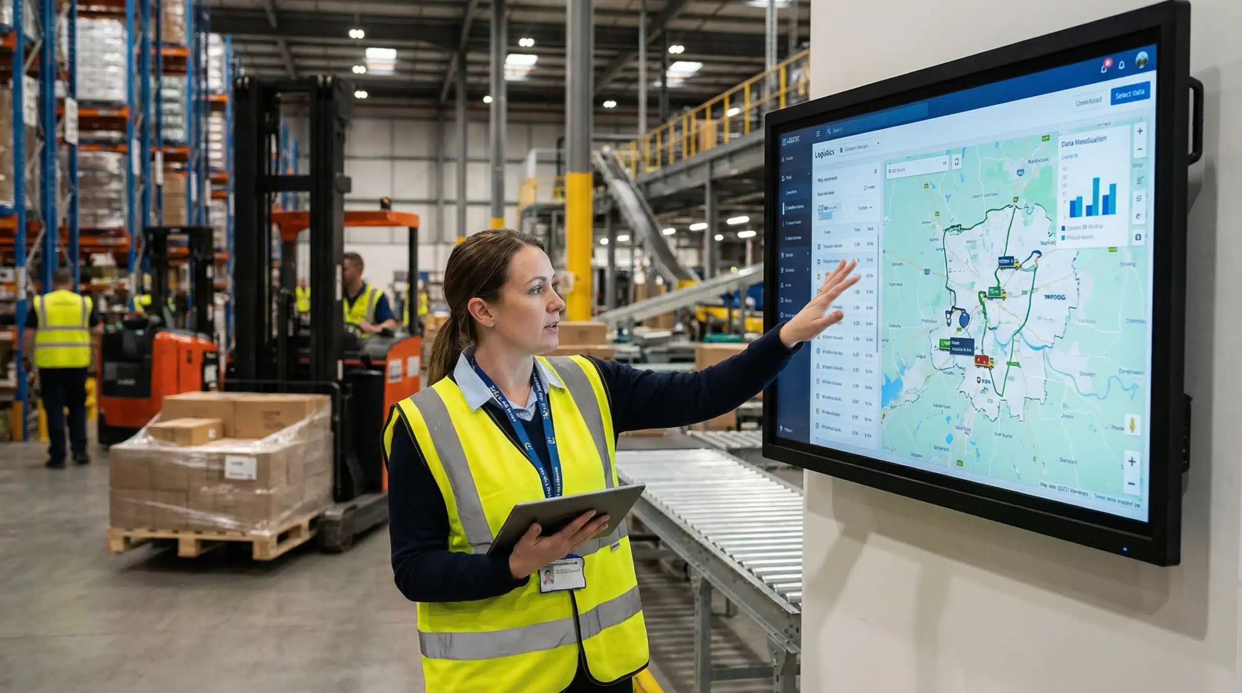 warehouse professional using logistics management system with map graphic