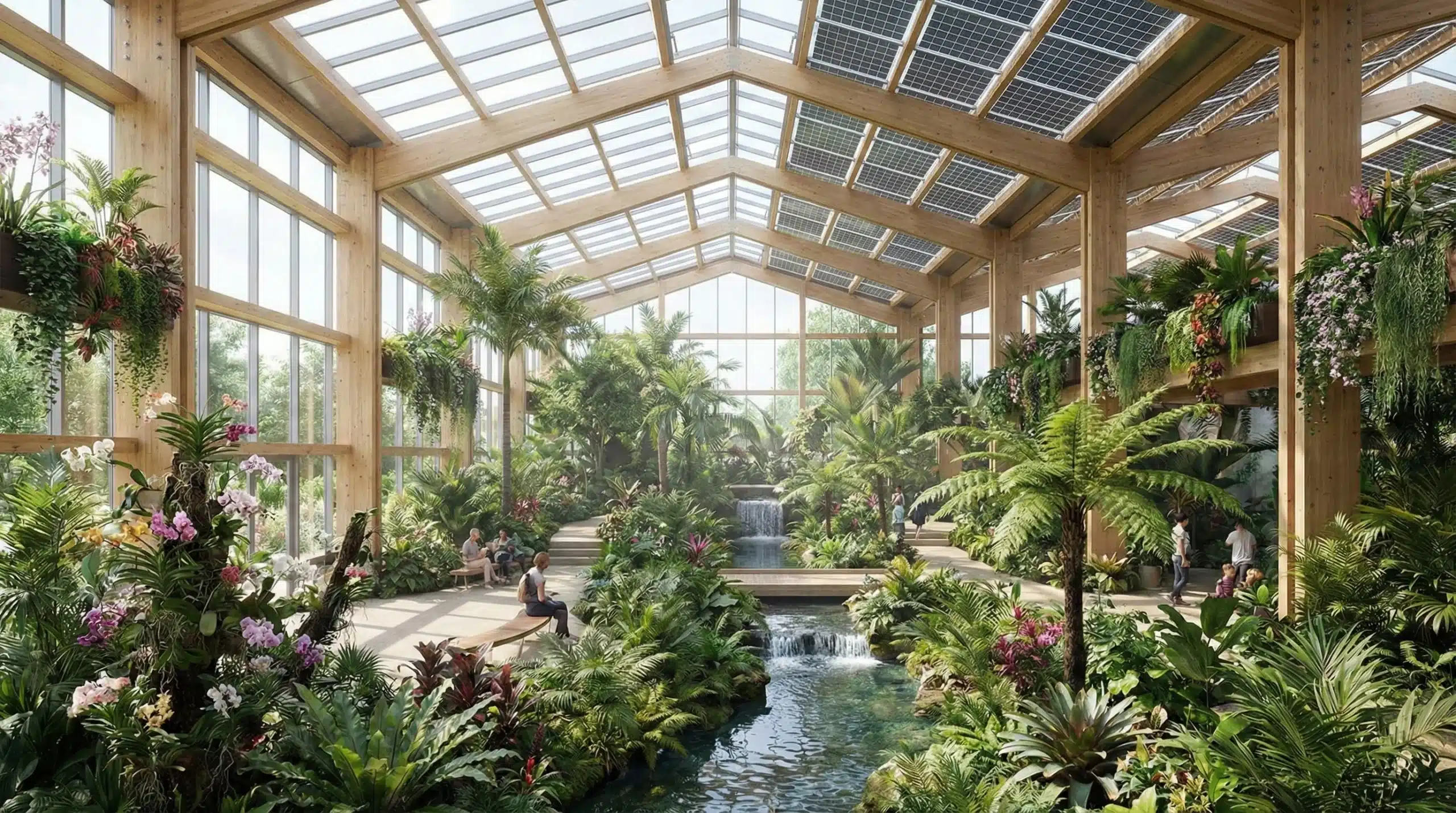 A modern greenhouse filled with lush plants
